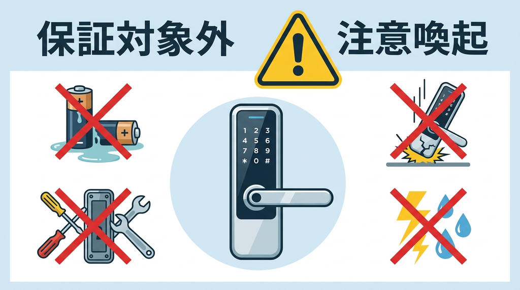 保証対象外となる故障原因（電池の液漏れ、分解・改造、落下や衝撃、水害や落雷など）を示す注意喚起イラスト